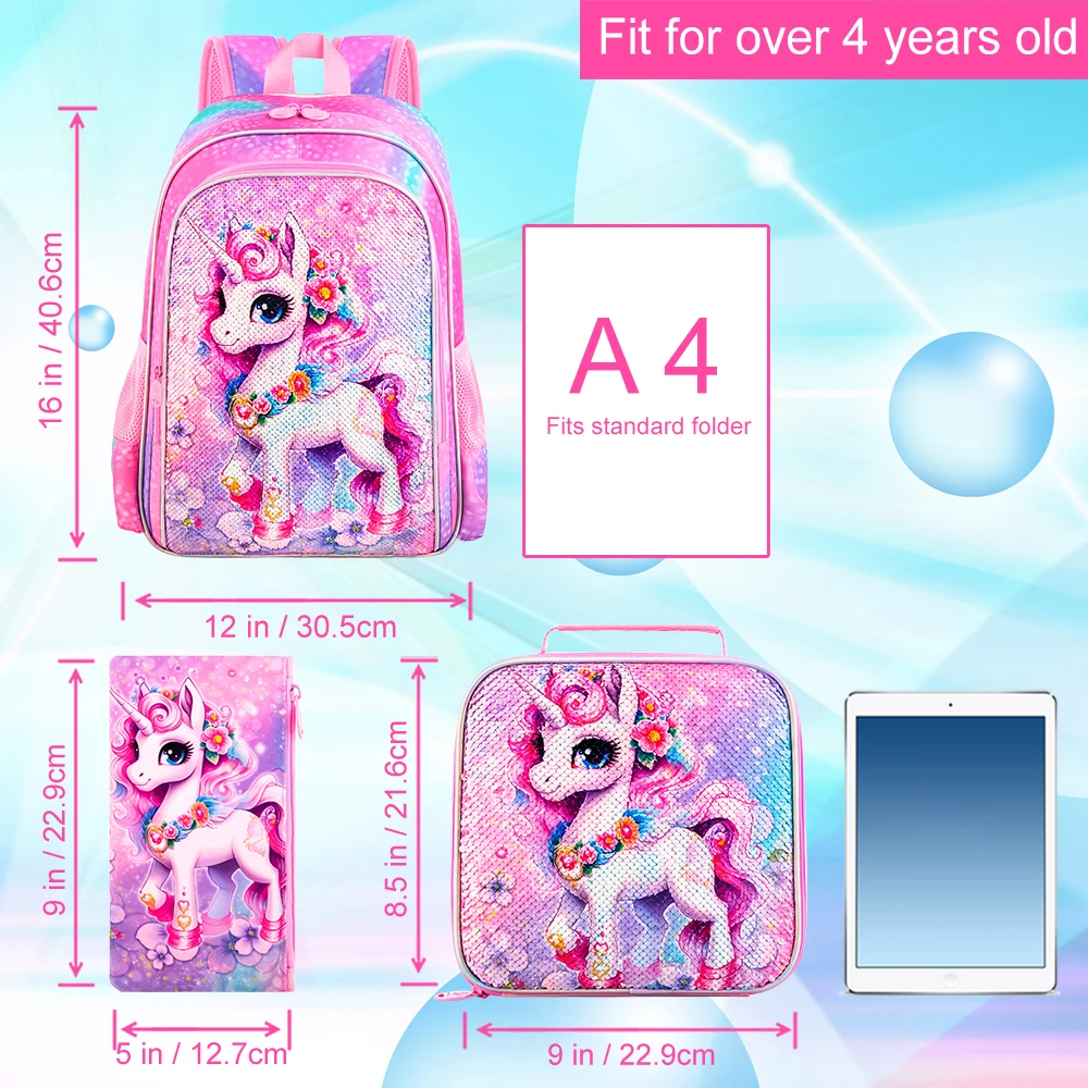 3PCS Unicorn Backpack for Girls, 16" Sequin Kids Bookbag and Lunch Box, Preschool Backpacks for Elementary.