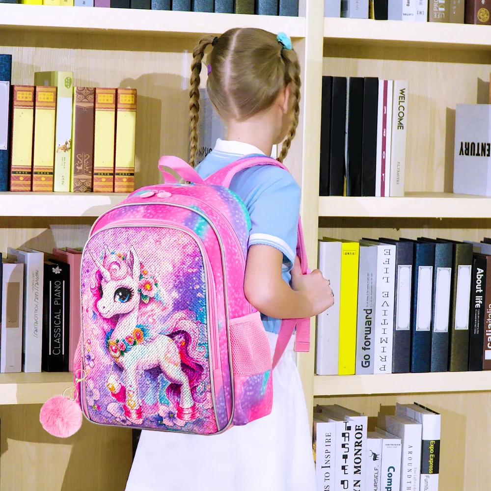 3PCS Unicorn Backpack for Girls, 16" Sequin Kids Bookbag and Lunch Box, Preschool Backpacks for Elementary.