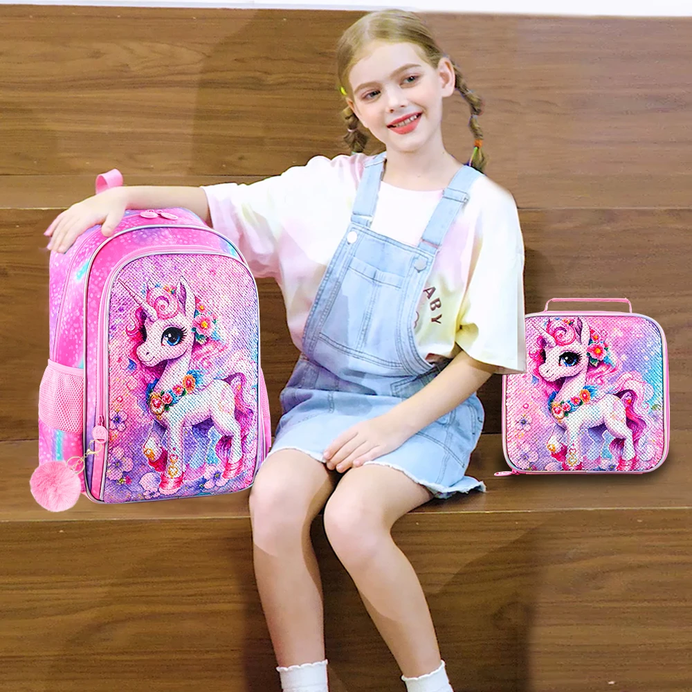 3PCS Unicorn Backpack for Girls, 16" Sequin Kids Bookbag and Lunch Box, Preschool Backpacks for Elementary.