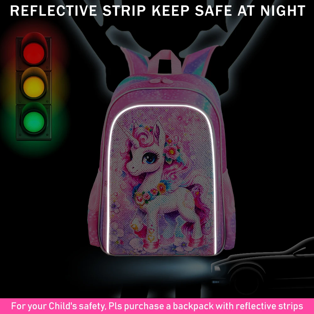 3PCS Unicorn Backpack for Girls, 16" Sequin Kids Bookbag and Lunch Box, Preschool Backpacks for Elementary.