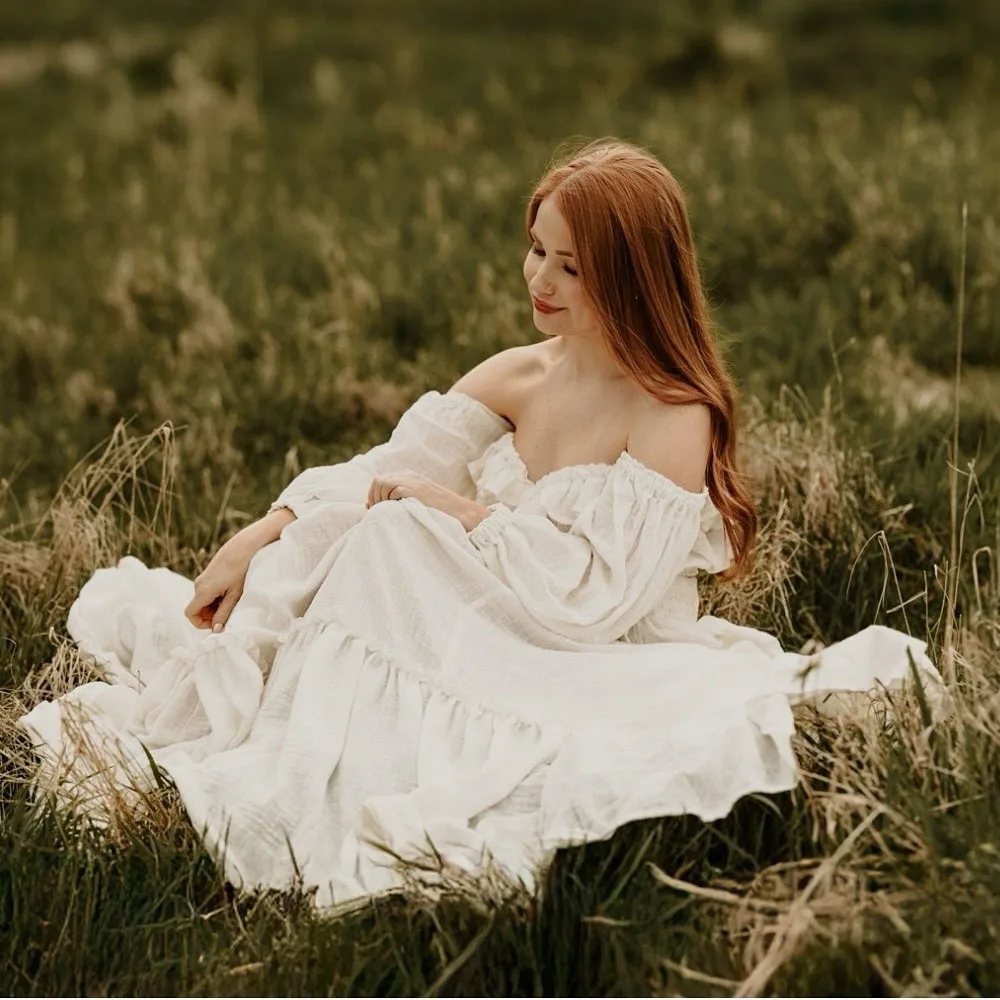 Bohemian Photo Shooting Pregnancy Dress 2 Pieces Set Linen Cotton Retro Fitting Maternity Dress  Fancy Photography Gowns