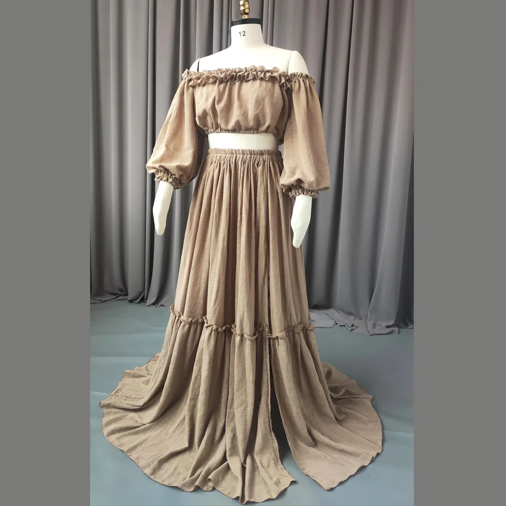 Bohemian Photo Shooting Pregnancy Dress 2 Pieces Set Linen Cotton Retro Fitting Maternity Dress  Fancy Photography Gowns