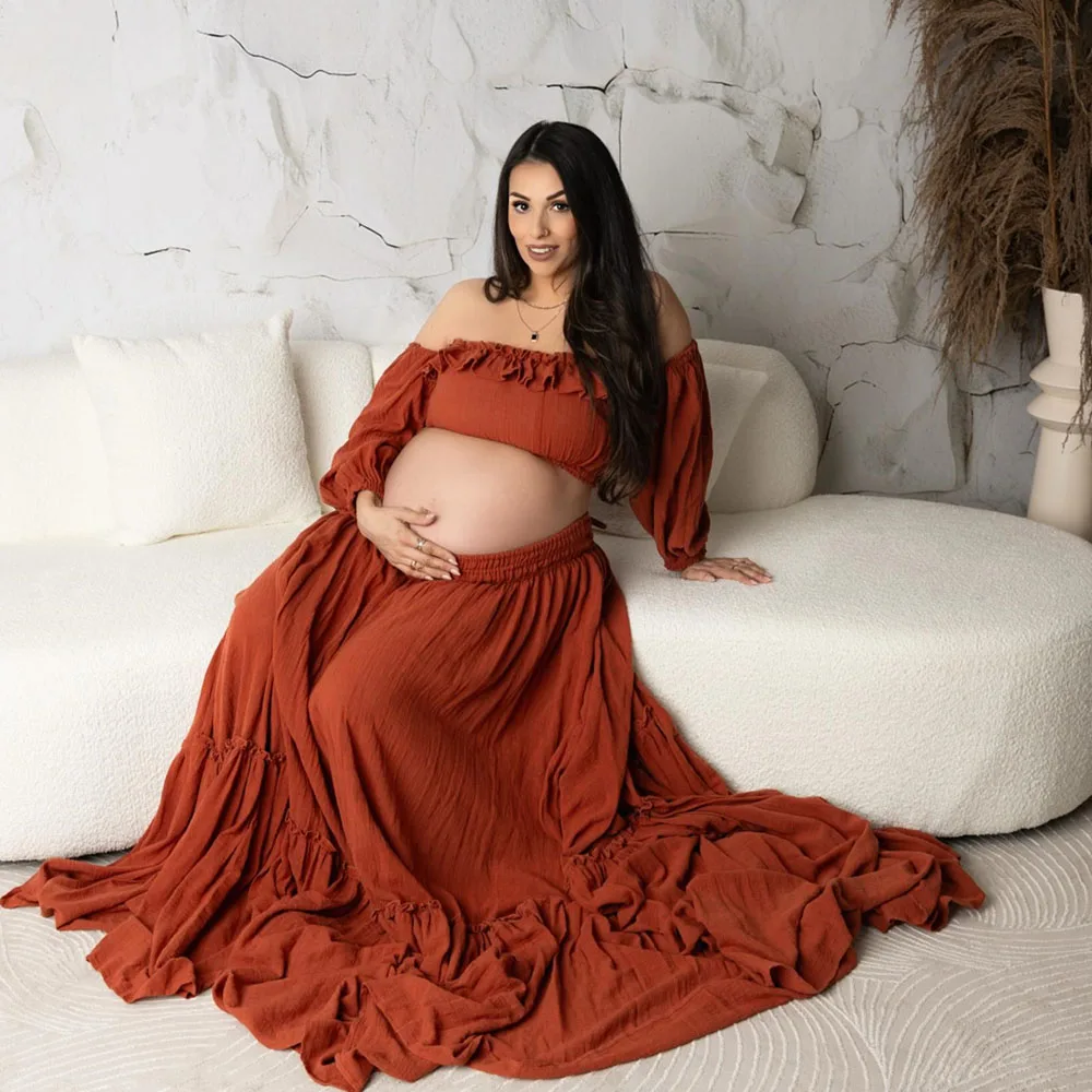 Bohemian Photo Shooting Pregnancy Dress 2 Pieces Set Linen Cotton Retro Fitting Maternity Dress  Fancy Photography Gowns