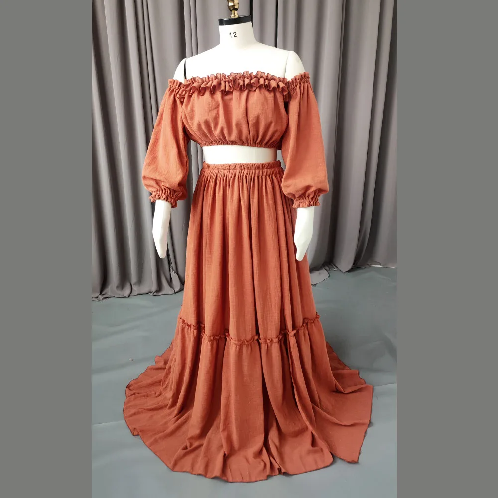 Bohemian Photo Shooting Pregnancy Dress 2 Pieces Set Linen Cotton Retro Fitting Maternity Dress  Fancy Photography Gowns
