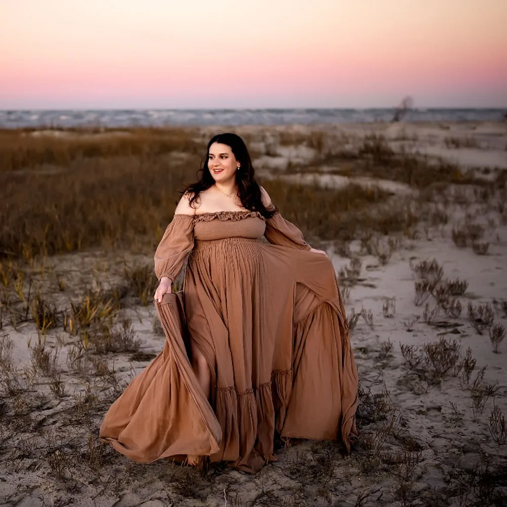 Bohemian Photo Shooting Pregnancy Dress 2 Pieces Set Linen Cotton Retro Fitting Maternity Dress  Fancy Photography Gowns