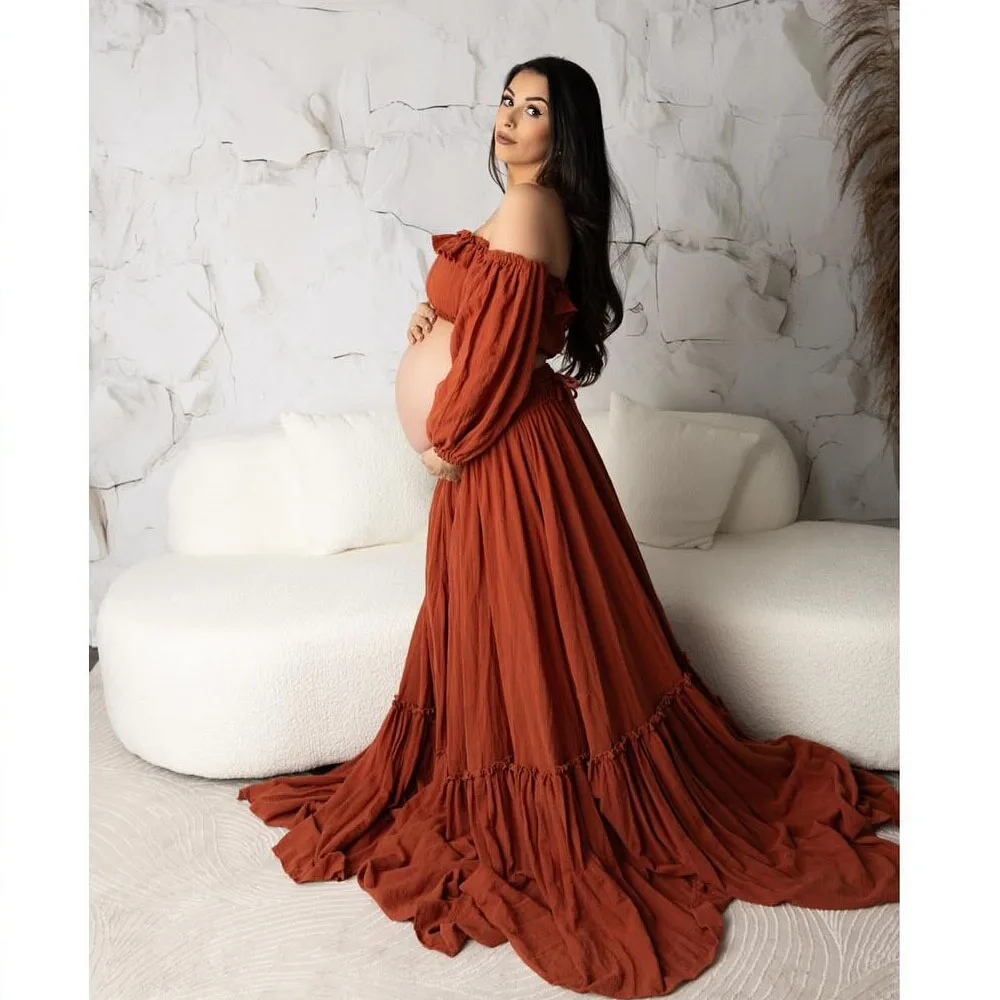 Bohemian Photo Shooting Pregnancy Dress 2 Pieces Set Linen Cotton Retro Fitting Maternity Dress  Fancy Photography Gowns