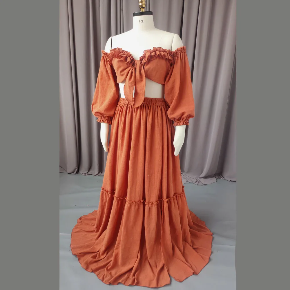 Bohemian Photo Shooting Pregnancy Dress 2 Pieces Set Linen Cotton Retro Fitting Maternity Dress  Fancy Photography Gowns