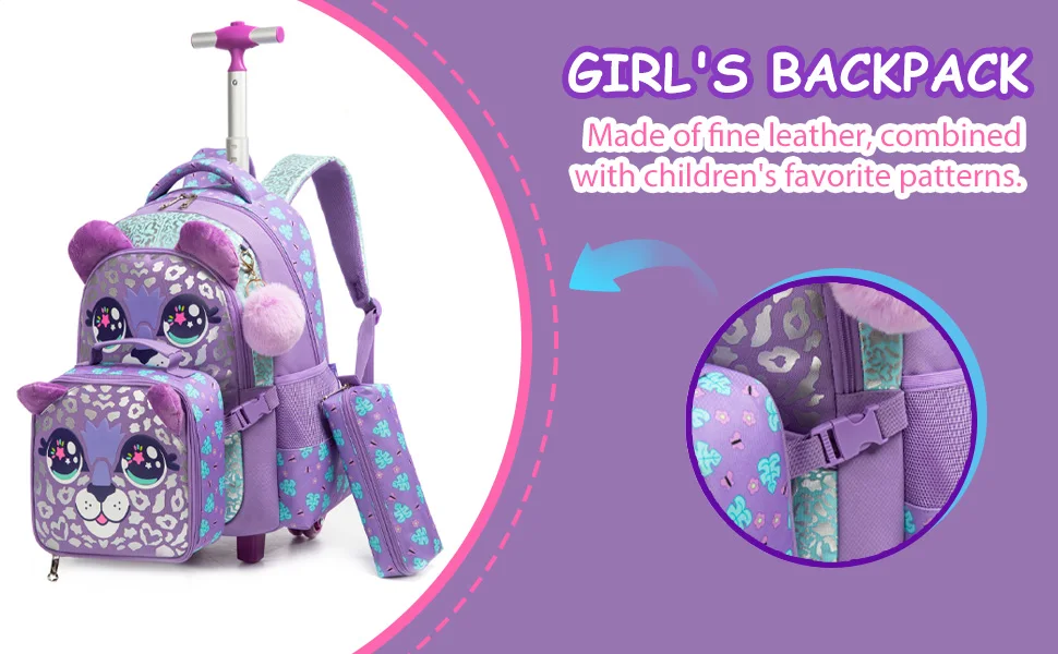 Girls Rolling Backpack with Lunch Box School Backpacks with Wheels 16.5" Roller Backpack for Girls, 3pcs Kids Wheeled Bookbag