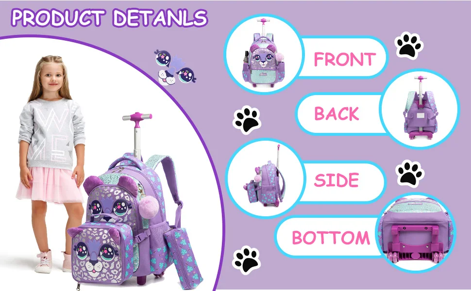 Girls Rolling Backpack with Lunch Box School Backpacks with Wheels 16.5" Roller Backpack for Girls, 3pcs Kids Wheeled Bookbag