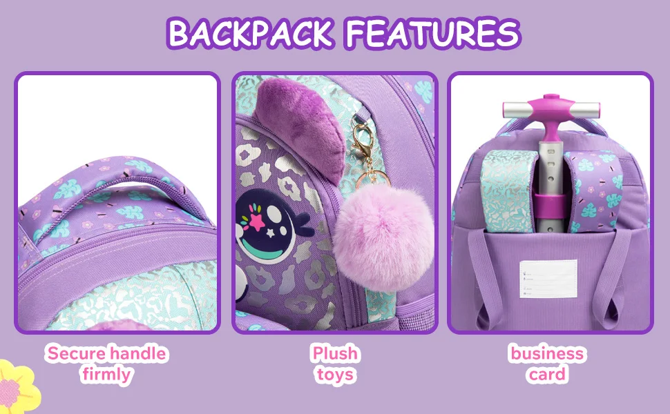 Girls Rolling Backpack with Lunch Box School Backpacks with Wheels 16.5" Roller Backpack for Girls, 3pcs Kids Wheeled Bookbag