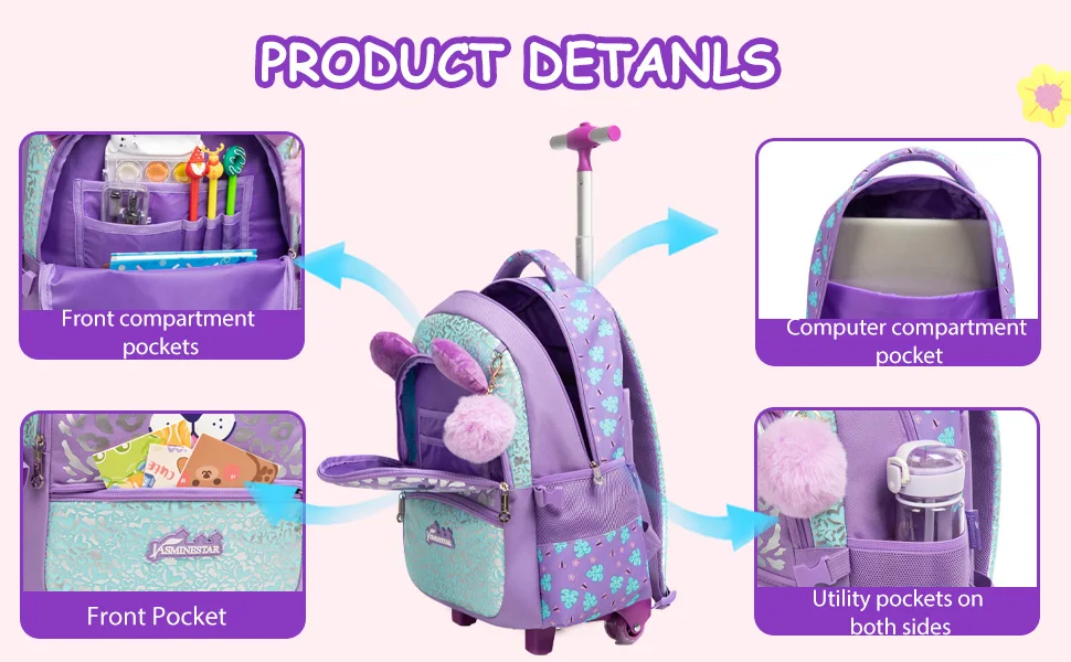 Girls Rolling Backpack with Lunch Box School Backpacks with Wheels 16.5" Roller Backpack for Girls, 3pcs Kids Wheeled Bookbag