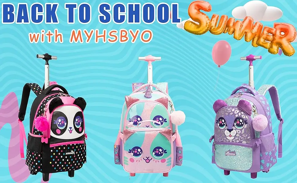 Girls Rolling Backpack with Lunch Box School Backpacks with Wheels 16.5" Roller Backpack for Girls, 3pcs Kids Wheeled Bookbag