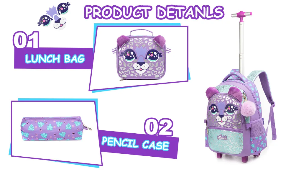 Girls Rolling Backpack with Lunch Box School Backpacks with Wheels 16.5" Roller Backpack for Girls, 3pcs Kids Wheeled Bookbag