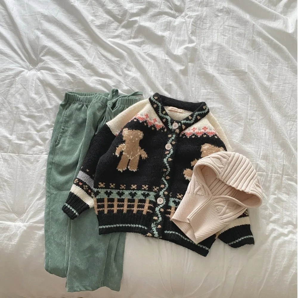 2025 Autumn New Baby Long Sleeve Knit Coat Infant Girl Cute Bear Print Knit Cardigan Kids Boys Casual Jacket Toddler Clothes
