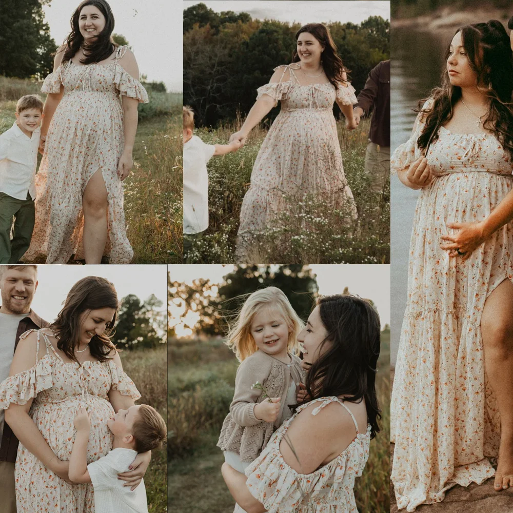 With Printed Embroidery Chiffon Maternity Dress Photoshoot Off Shoulder Suspender Maternity Outfit  Baby Shower Outfit
