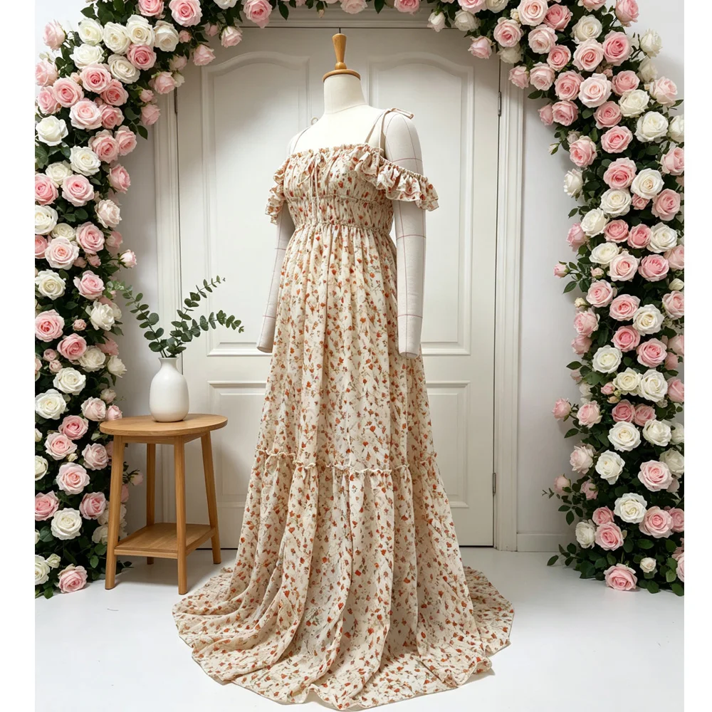With Printed Embroidery Chiffon Maternity Dress Photoshoot Off Shoulder Suspender Maternity Outfit  Baby Shower Outfit