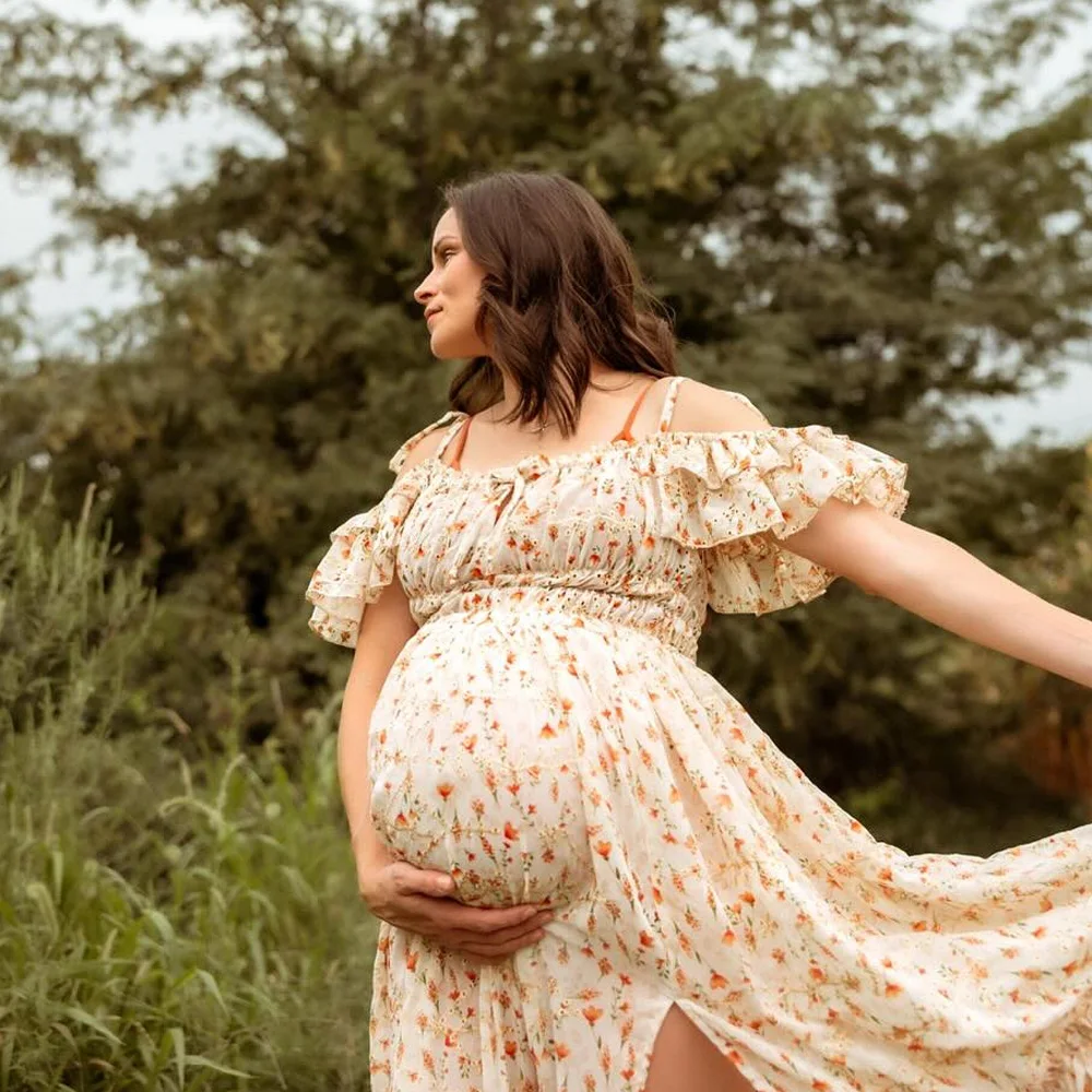 With Printed Embroidery Chiffon Maternity Dress Photoshoot Off Shoulder Suspender Maternity Outfit  Baby Shower Outfit