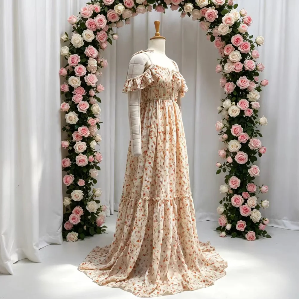 With Printed Embroidery Chiffon Maternity Dress Photoshoot Off Shoulder Suspender Maternity Outfit  Baby Shower Outfit
