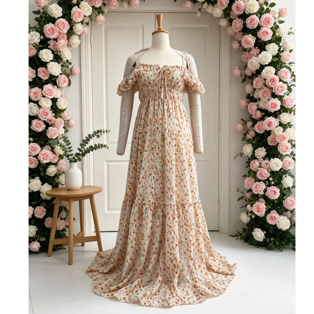 With Printed Embroidery Chiffon Maternity Dress Photoshoot Off Shoulder Suspender Maternity Outfit  Baby Shower Outfit