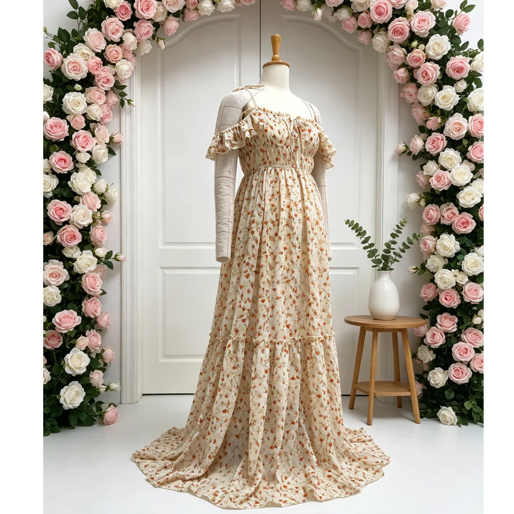 With Printed Embroidery Chiffon Maternity Dress Photoshoot Off Shoulder Suspender Maternity Outfit  Baby Shower Outfit