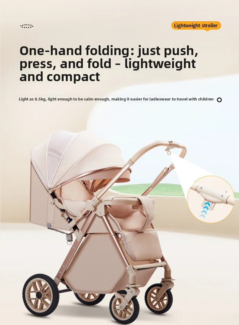 Lightweight Foldable Stroller with Reversible Seat Parent-World Facing Reclining Baby Carriage Big Wheels for Easy Maneuvering