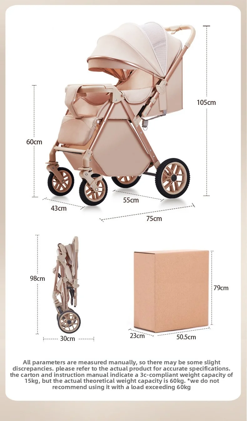 Lightweight Foldable Stroller with Reversible Seat Parent-World Facing Reclining Baby Carriage Big Wheels for Easy Maneuvering