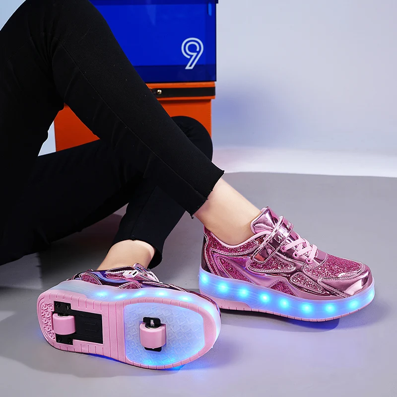 Children's Sneakers Men's Girls Roller Skates Ice Skates Wheeled Pink Led Light Kids Led Shoes Boys USB Charging Casual Footwear