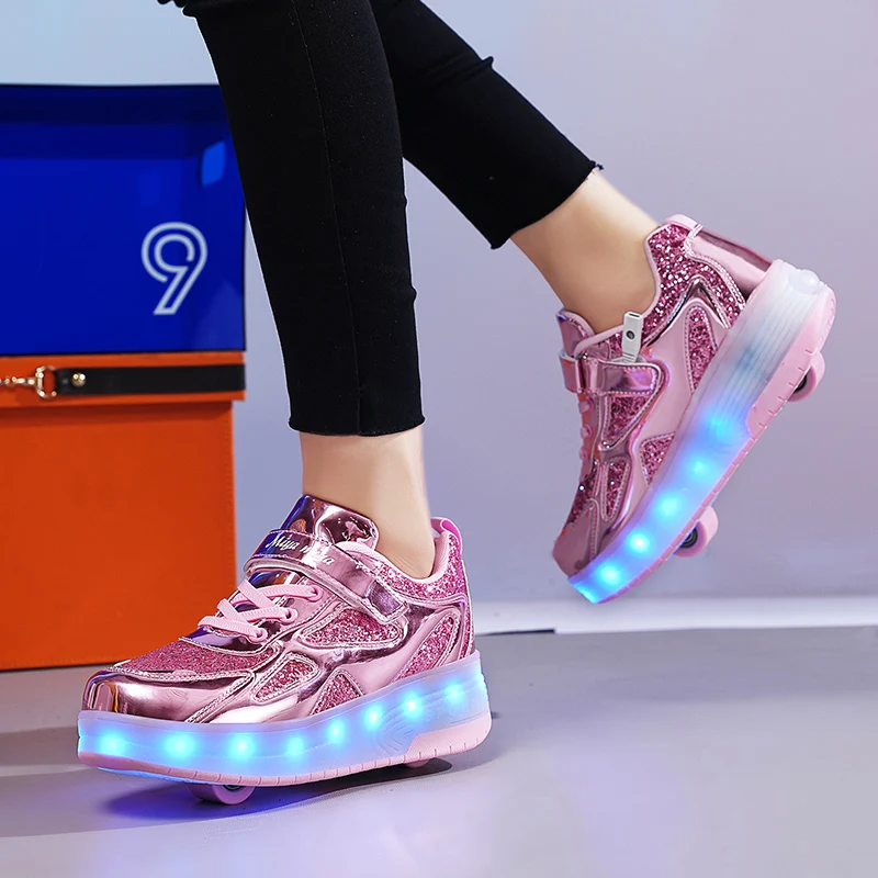 Children's Sneakers Men's Girls Roller Skates Ice Skates Wheeled Pink Led Light Kids Led Shoes Boys USB Charging Casual Footwear