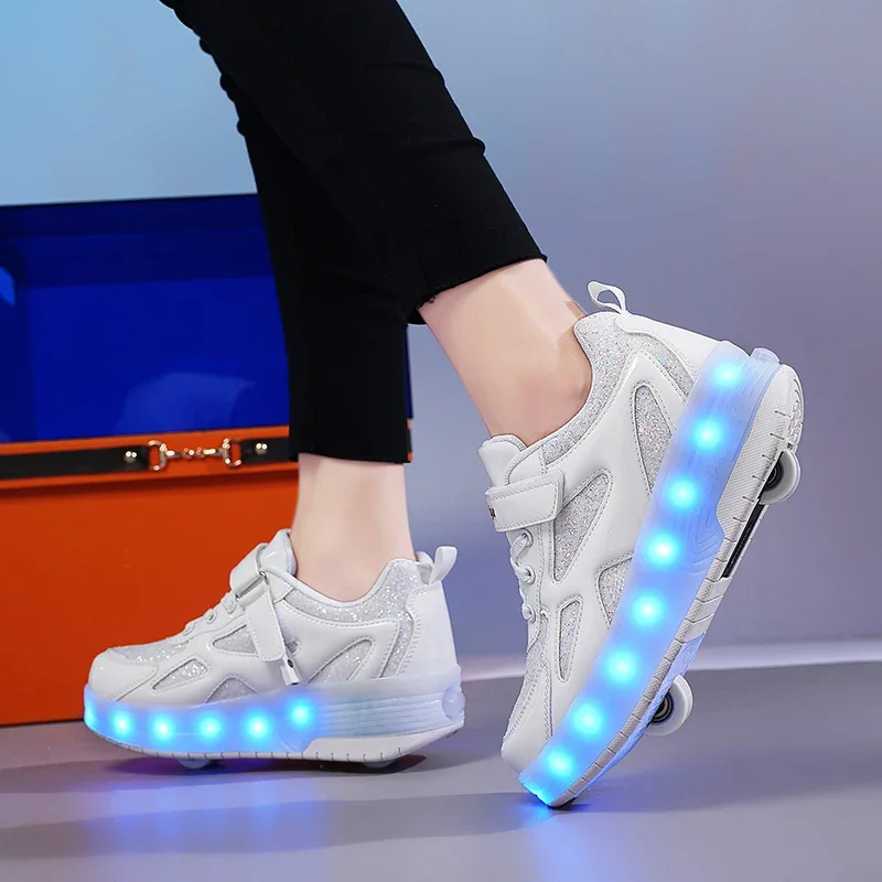 Children's Sneakers Men's Girls Roller Skates Ice Skates Wheeled Pink Led Light Kids Led Shoes Boys USB Charging Casual Footwear