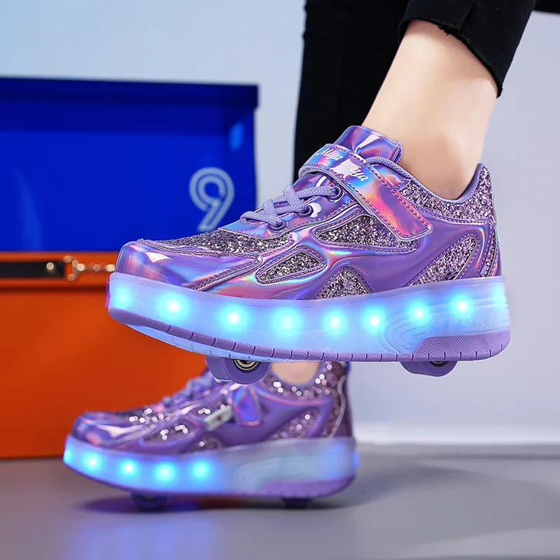 Children's Sneakers Men's Girls Roller Skates Ice Skates Wheeled Pink Led Light Kids Led Shoes Boys USB Charging Casual Footwear