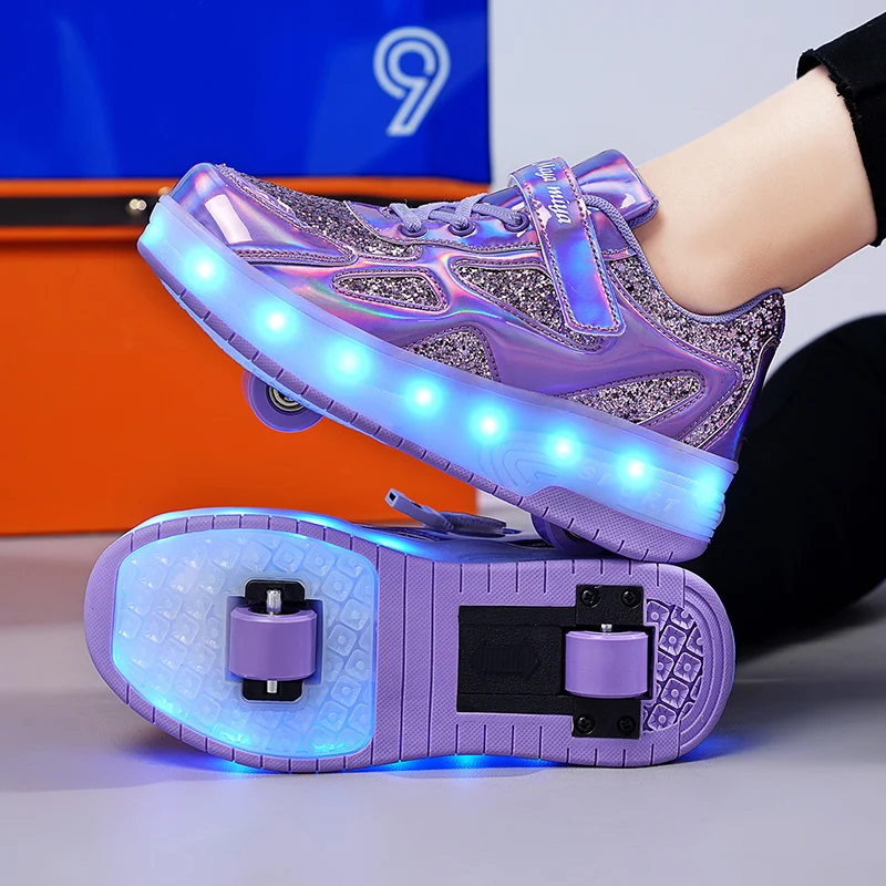 Children's Sneakers Men's Girls Roller Skates Ice Skates Wheeled Pink Led Light Kids Led Shoes Boys USB Charging Casual Footwear