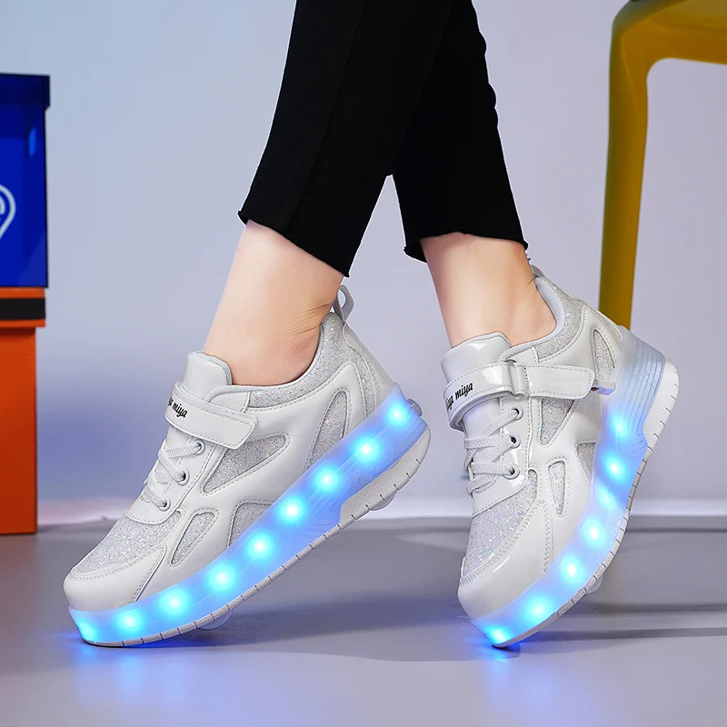 Children's Sneakers Men's Girls Roller Skates Ice Skates Wheeled Pink Led Light Kids Led Shoes Boys USB Charging Casual Footwear