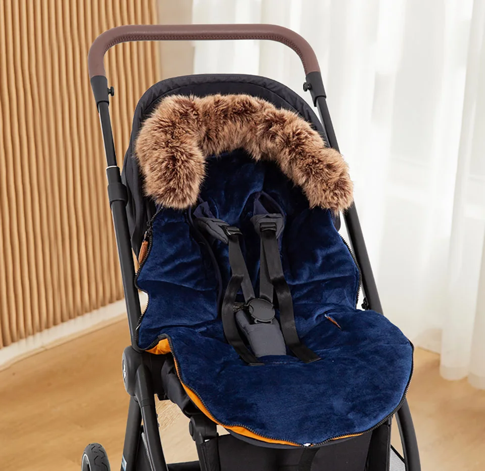 0-24 Months Baby Stroller Footmuff Winter Envelope Navy Blue White Brown Patchwork Fluffy Windproof Warm Removable Fur Collar