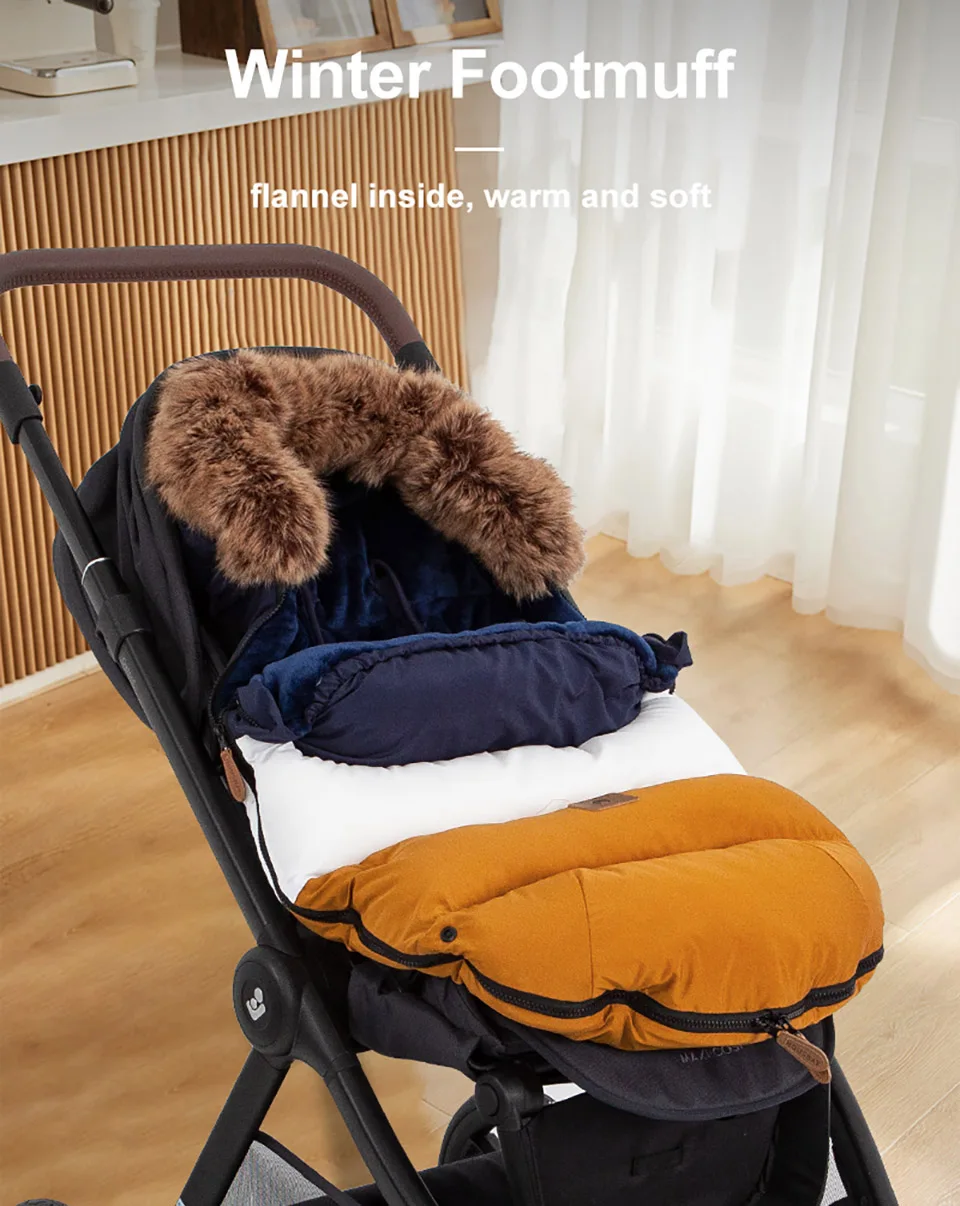 0-24 Months Baby Stroller Footmuff Winter Envelope Navy Blue White Brown Patchwork Fluffy Windproof Warm Removable Fur Collar