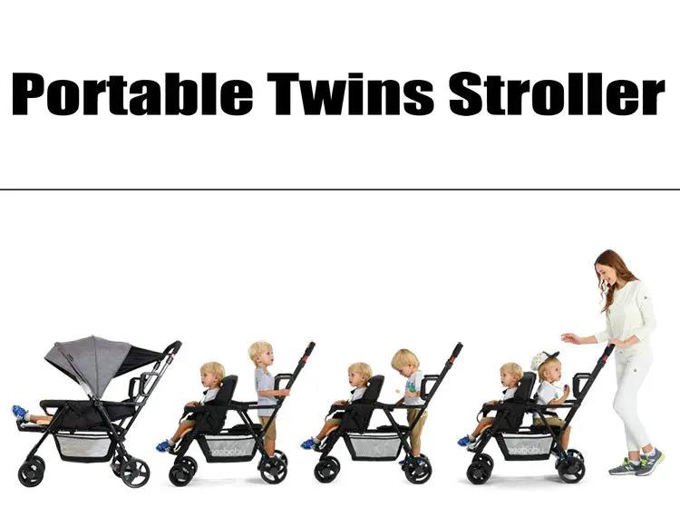 Lightweight Tandem Stroller, Back Seat Can Load 2-5 Ages Kids, Foldable Twins Stroller Can Sit Can Lie Twins Stroller