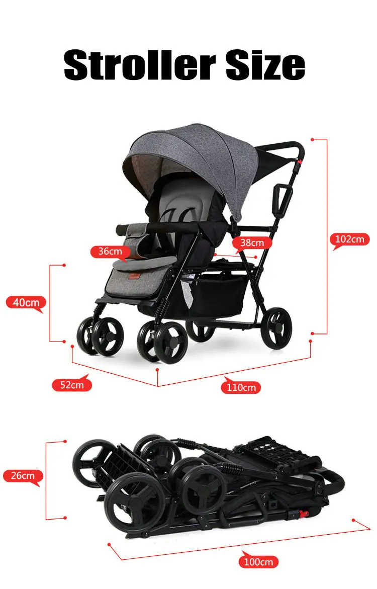 Lightweight Tandem Stroller, Back Seat Can Load 2-5 Ages Kids, Foldable Twins Stroller Can Sit Can Lie Twins Stroller
