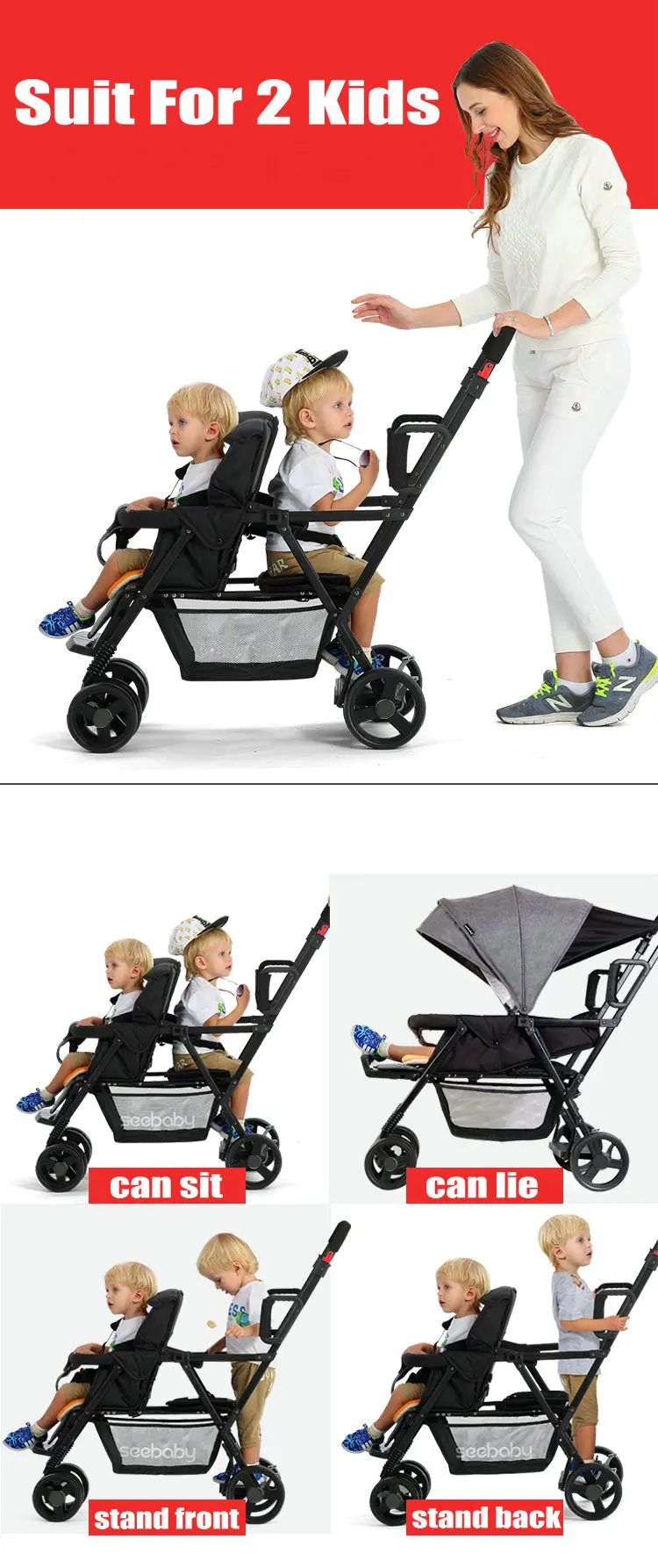 Lightweight Tandem Stroller, Back Seat Can Load 2-5 Ages Kids, Foldable Twins Stroller Can Sit Can Lie Twins Stroller