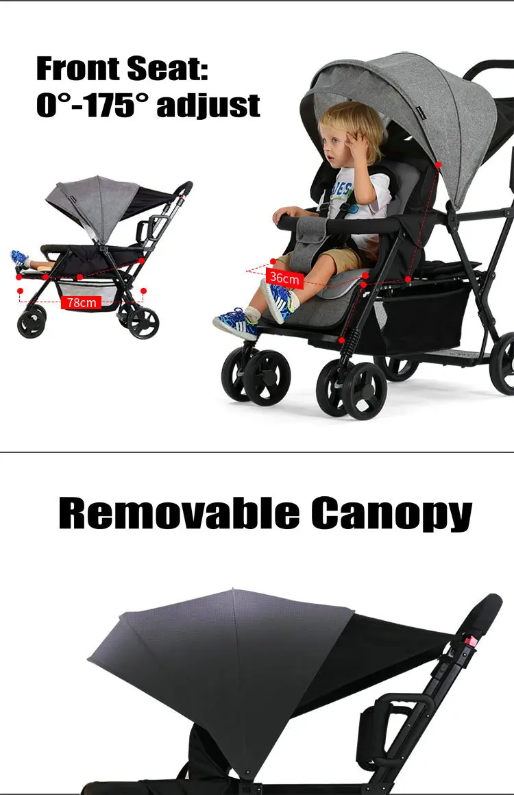 Lightweight Tandem Stroller, Back Seat Can Load 2-5 Ages Kids, Foldable Twins Stroller Can Sit Can Lie Twins Stroller