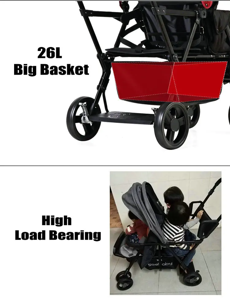 Lightweight Tandem Stroller, Back Seat Can Load 2-5 Ages Kids, Foldable Twins Stroller Can Sit Can Lie Twins Stroller