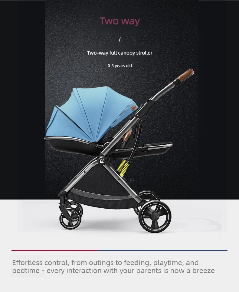 High-view Four-wheel Baby Stroller, Reversible, Lightweight and Foldable, with A Safety Carrier – A Three-in-one Stroller.