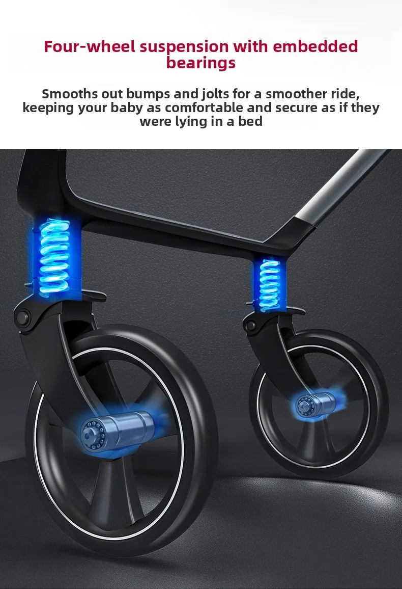 High-view Four-wheel Baby Stroller, Reversible, Lightweight and Foldable, with A Safety Carrier – A Three-in-one Stroller.