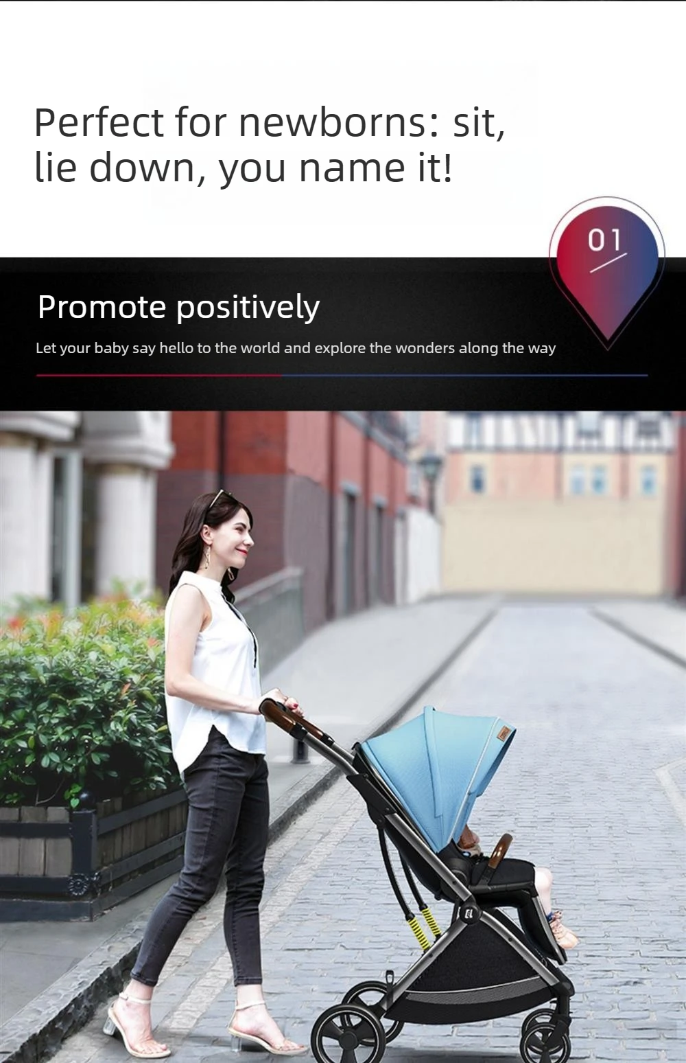 High-view Four-wheel Baby Stroller, Reversible, Lightweight and Foldable, with A Safety Carrier – A Three-in-one Stroller.
