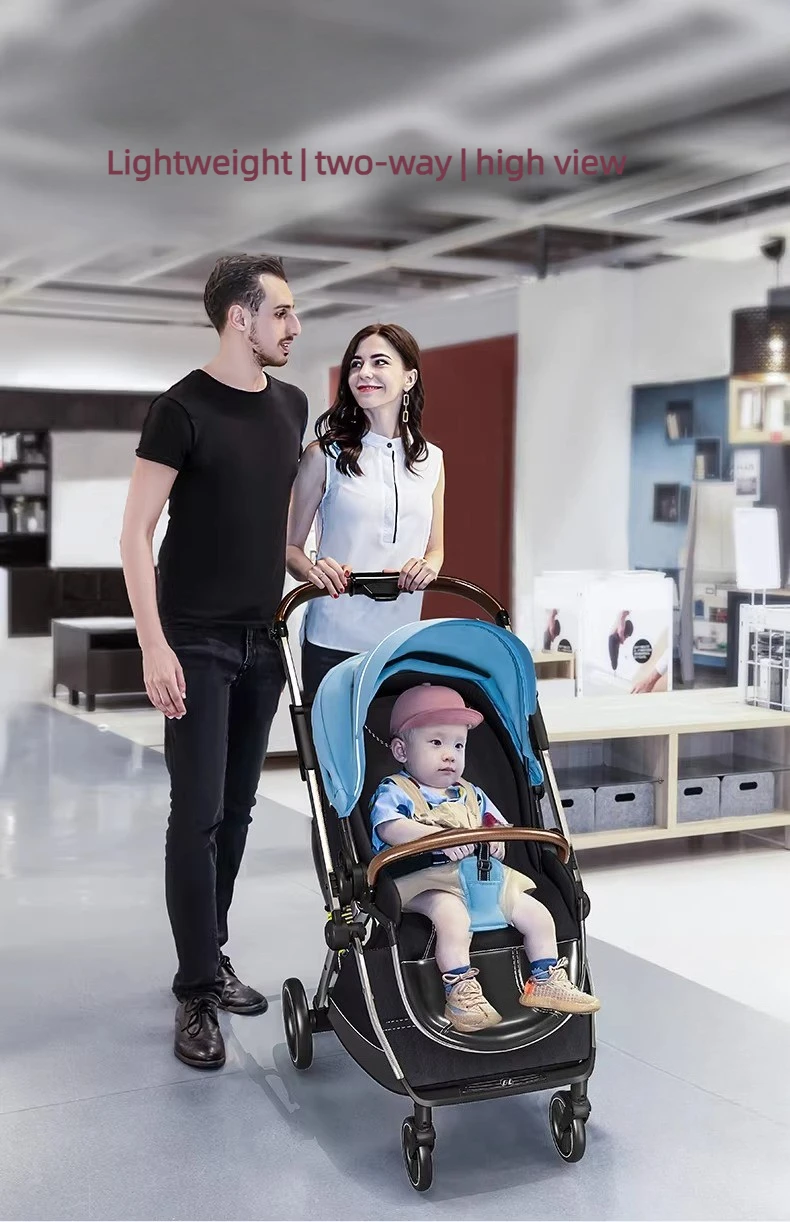 High-view Four-wheel Baby Stroller, Reversible, Lightweight and Foldable, with A Safety Carrier – A Three-in-one Stroller.
