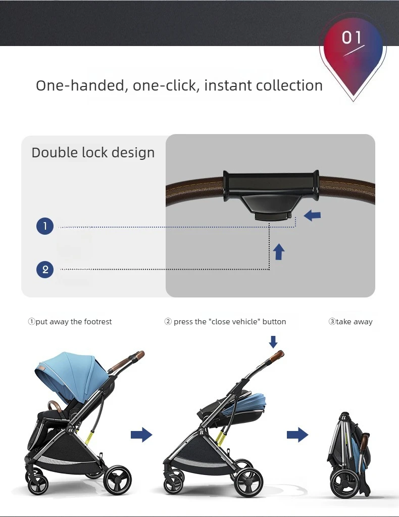 High-view Four-wheel Baby Stroller, Reversible, Lightweight and Foldable, with A Safety Carrier – A Three-in-one Stroller.