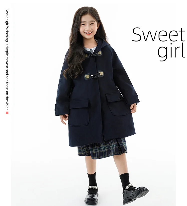 Winter Warm Wool Duffle Coat for Girls Hooded Mid Length Horn Toggle Button Windproof Casual Daily Outer Overcoat 2-14Y Teen