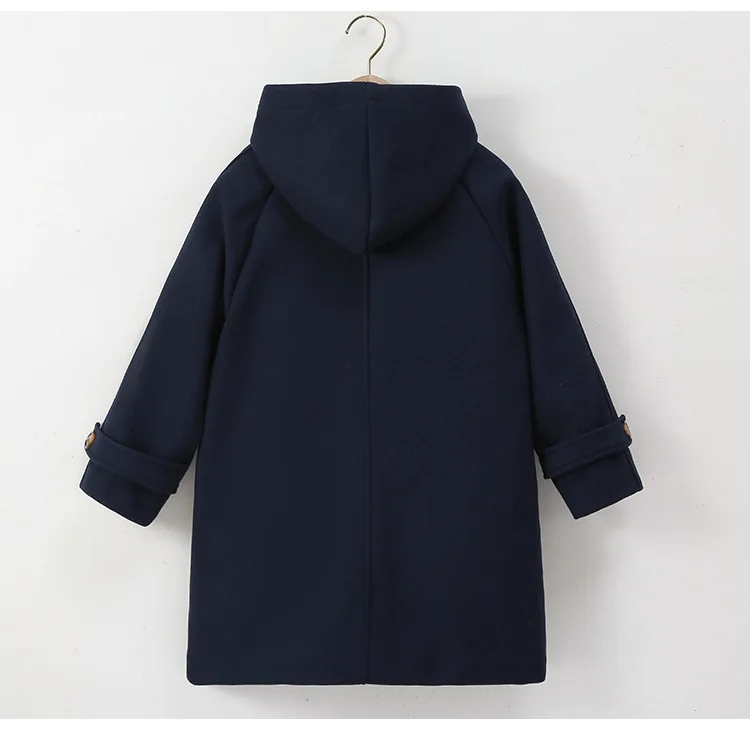 Winter Warm Wool Duffle Coat for Girls Hooded Mid Length Horn Toggle Button Windproof Casual Daily Outer Overcoat 2-14Y Teen