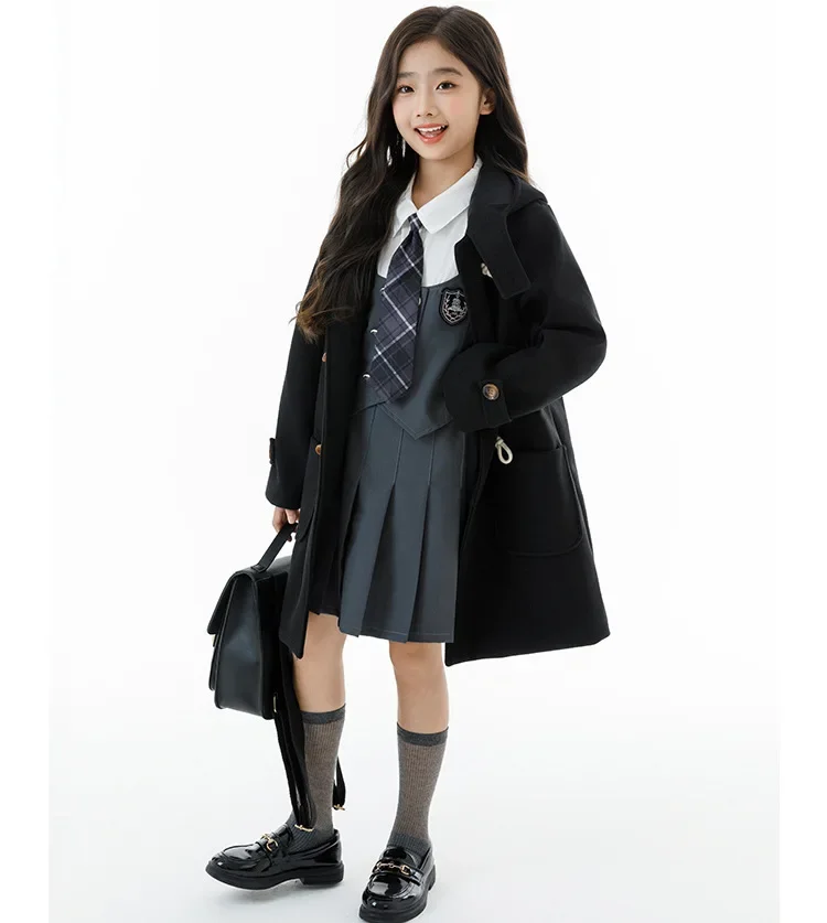 Winter Warm Wool Duffle Coat for Girls Hooded Mid Length Horn Toggle Button Windproof Casual Daily Outer Overcoat 2-14Y Teen
