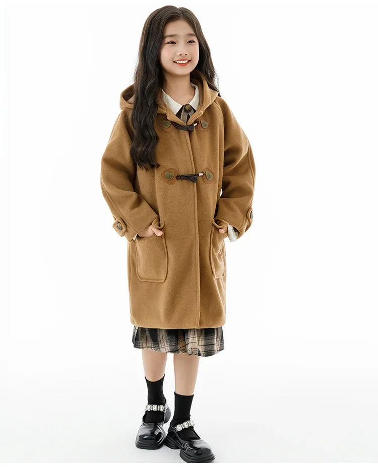 Winter Warm Wool Duffle Coat for Girls Hooded Mid Length Horn Toggle Button Windproof Casual Daily Outer Overcoat 2-14Y Teen