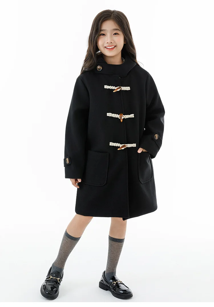 Winter Warm Wool Duffle Coat for Girls Hooded Mid Length Horn Toggle Button Windproof Casual Daily Outer Overcoat 2-14Y Teen