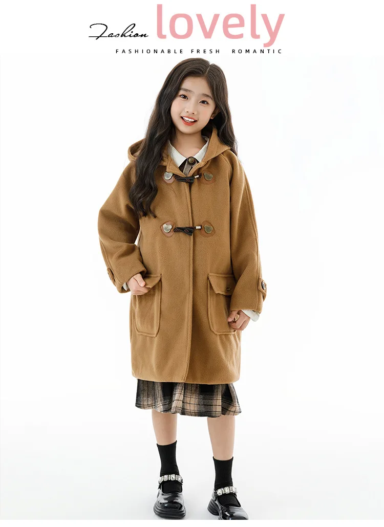 Winter Warm Wool Duffle Coat for Girls Hooded Mid Length Horn Toggle Button Windproof Casual Daily Outer Overcoat 2-14Y Teen